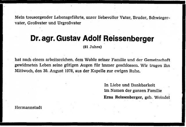 Reissenberger Gustav Adolf 1897-1978 Todesanzeige